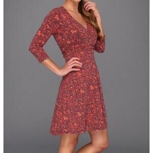 Patagonia Margot Dress in Tidal Teal Coral Red 3/4 Sleeves Wrap Organic Cotton S